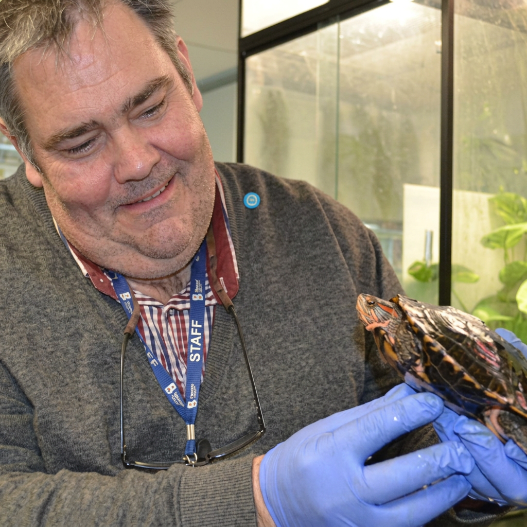 Carl handling a turtle during a keeper session