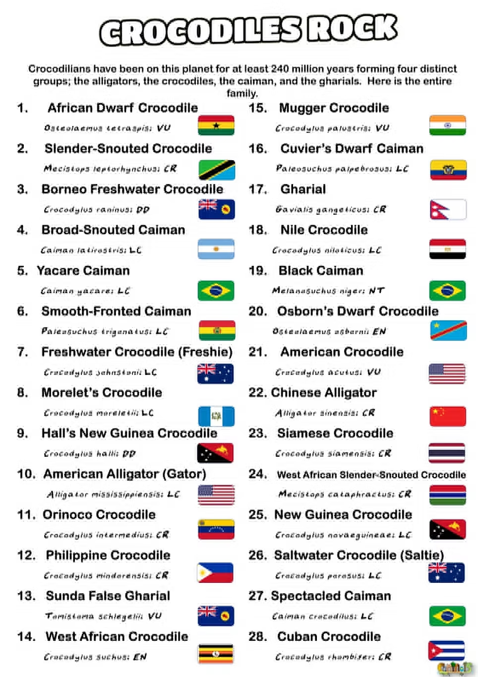 Crocodiles Rock species list showing all 28 crocodilian species with scientific names, IUCN status and country flags