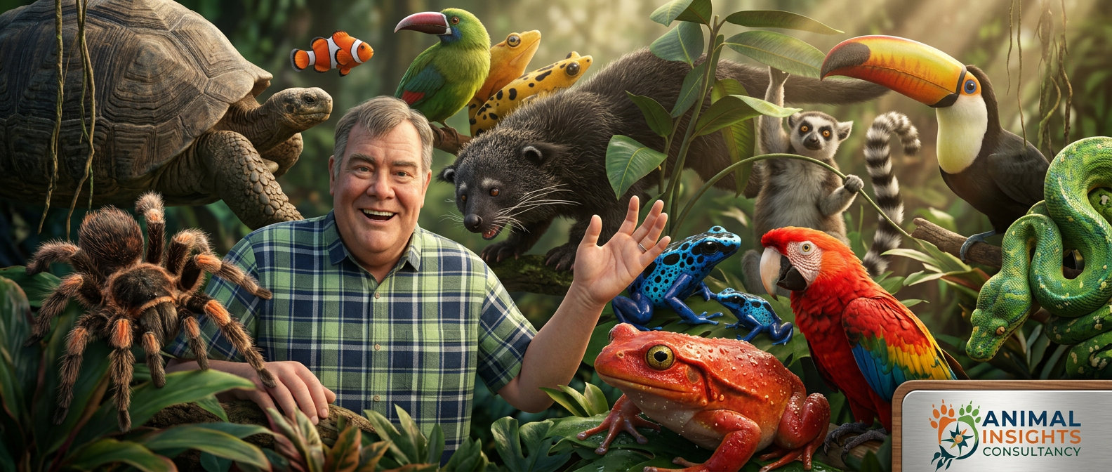Carl Groombridge surrounded by species — Animal Insights Consultancy